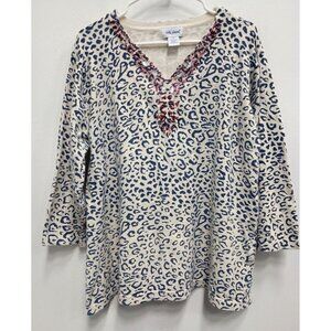 Vicki Wayne Womens Sweater 2X Off White Blue Animal Print Beaded V-Neck Pullover